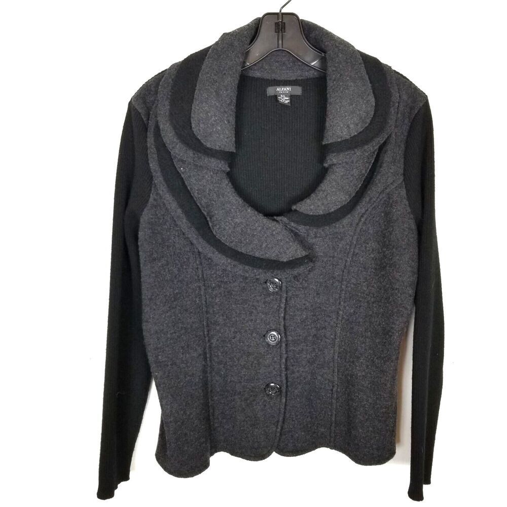 Alfani Women 100% Merino Wool‎ Jacket Sz L Petite Gray Black Button Up Preppy